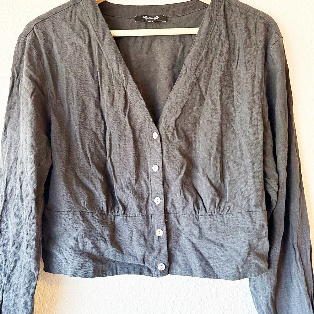 Madewell Lusterweave V-Neck Button Front Shirt Womens M Black Cropped NO457 - Picture 5 of 9